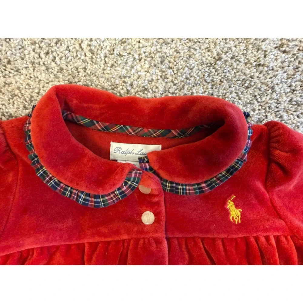 Ralph Lauren Footie Pajamas Velvet 9M Red Plaid Trim Holiday One Piece Romper